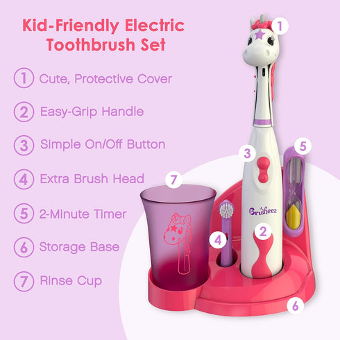 Brusheez Kids’ Electric Toothbrush Set (Sparkle The Unicorn) - Safe & Effective for Ages 3+, 2 Brush Heads, Rinse Cup