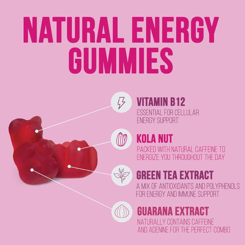 Energy Gummies Vitamin B12, Green Tea & Natural Caffeine, 1000 mcg Daily Energy, Raspberry Flavor, 60 Gummies