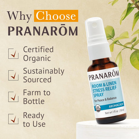 Pranarom Aromacalm Room & Linen Stress Relief Spray, 1oz, Orange, Bergamot, Lavender, Ylang Ylang, Essential Oil.