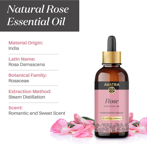Avatra Rose Essential Oil for Diffuser, Perfume, Skin, Hair, Aromatherapy | Pure & Natural Essential Oil for Massage, Bath, Soap, Candles | Premium Grade with Glass Dropper- 3.38 Fl Oz