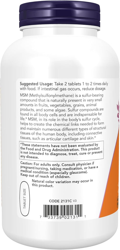 NOW Supplements MSM (Methylsulfonylmethane) 1,500 mg, 200 Tablets