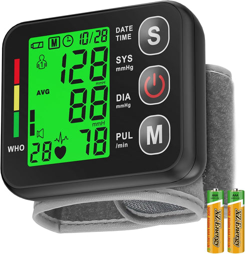 Wrist Blood Pressure Monitor - Automatic Cuff 13.5-19.5 cm, High Accuracy, Backlit LCD Screen, 2 * 99 Memory Sets