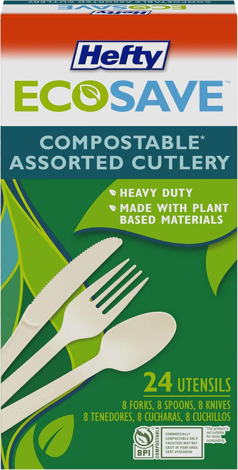 ECOSAVE Heavy Duty Assorted Cutlery, White, 24 Count, Pack of 1