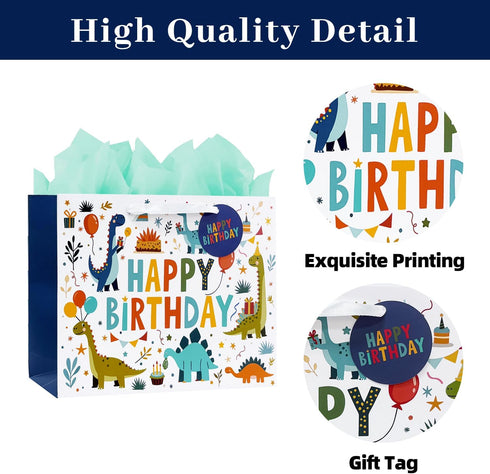 LEAYUGF 13.8" Large Dinosaur Gift Bag with Tissue Paper and Card For Kids Boys Birthday Dinosaur Themed Party Supplies