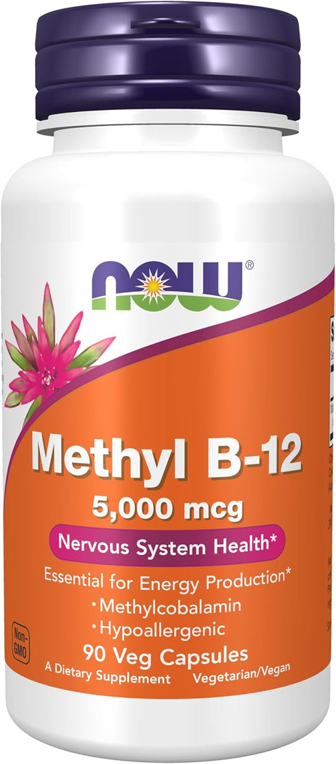 NOW Methyl B-12 5000mcg - Methylcobalamin, Hypoallergenic, 90 Veg Capsules
