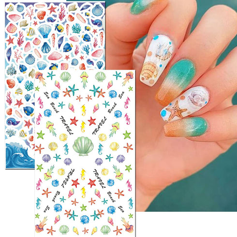 TailaiMei Summer Beach Nail Stickers - 1500+ Pcs Self-Adhesive DIY Nail Art Decals, Shark Nautical Turtle Design (12