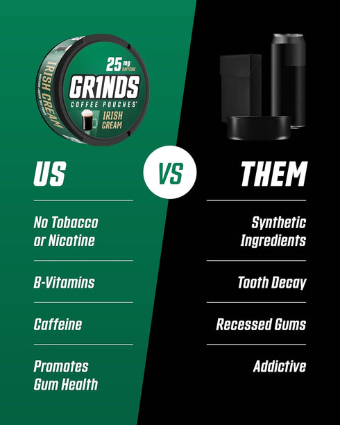 Grinds Coffee Pouches, Tobacco Free Healthy Alternative, 3 Cans of Irish Cream, 18 Pouches Per Can