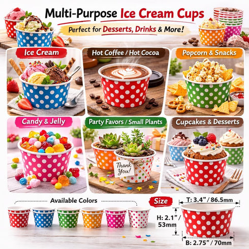 Worlds 8oz 50 pack Paper Ice Cream Cups Polka Dot Paper Yogurt Cups Mix