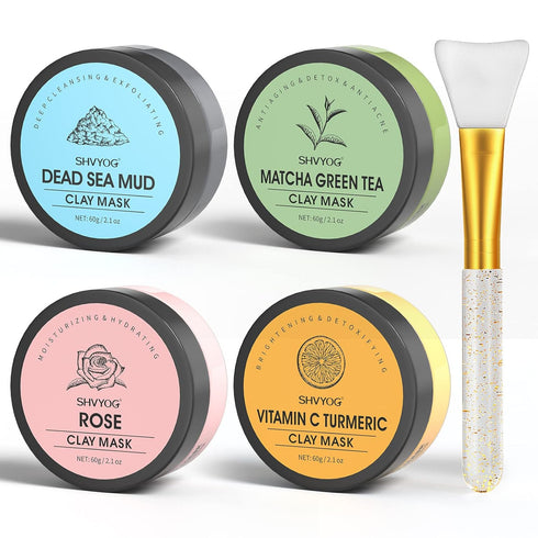 4 Pcs Clay Facial Mask Set - 240g Turmeric, Vitamin C, Green Tea, Dead Sea Mud, and Rose Clay for Deep Cleansing &