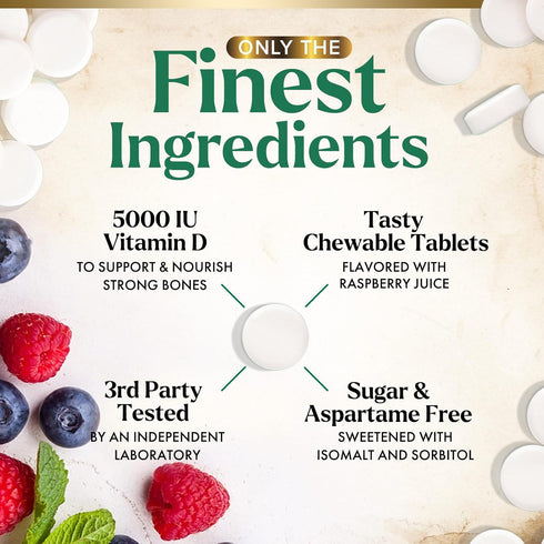 Vitamin D3 5000 IU Chewable for Bone, Teeth, Muscle & Immune Support, 120 Chewable Tablets