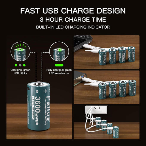 Pallus 4 1 4 Pack LR14 1.5V 3600mWh 1600x Rechargeable Lithium C Batteries with in USB-C Charging Cable, Rechargeable C