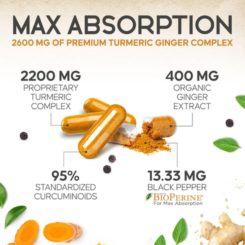 Turmeric Curcumin Supplement 2600mg with Organic Ginger & Turmeric, 95% Curcuminoids, BioPerine for Best Absorption