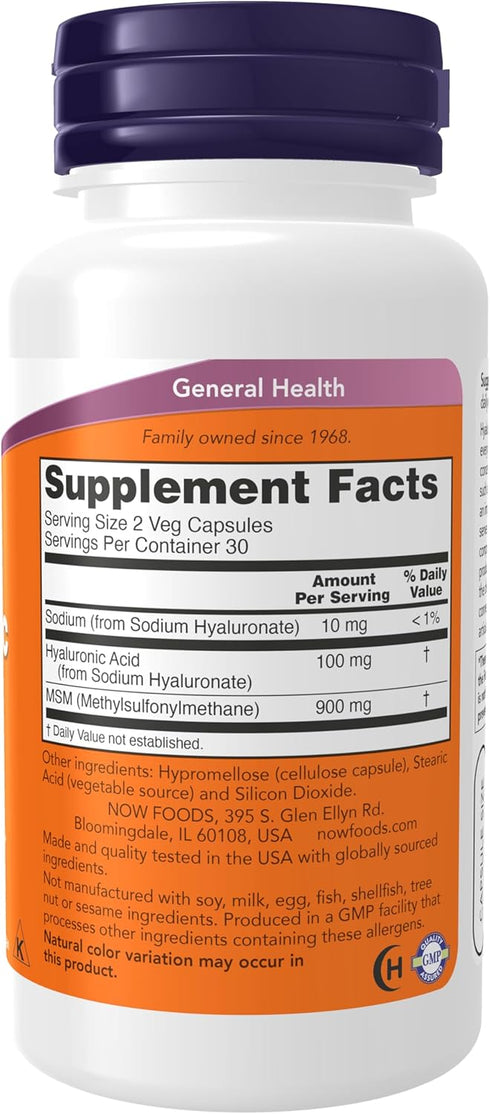 NOW Supplements, Hyaluronic Acid 50 mg with MSM, Joint Support*, 60 Veg Capsules (Pack of 1)