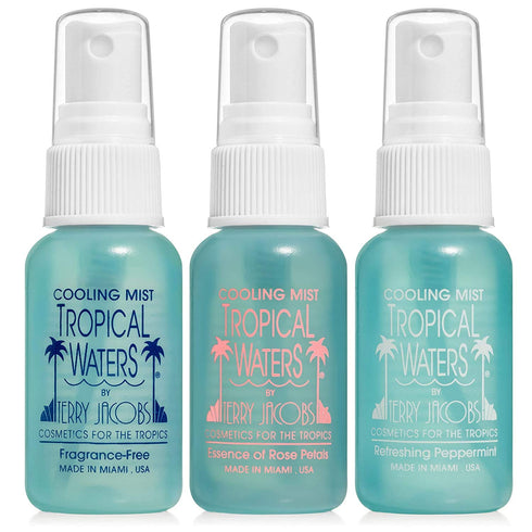 Tropical Waters 3 Piece Travel Set - 1 oz. Bottles, Rose Water Make Up Setting Spray, Peppermint Cooling Spray Mist,