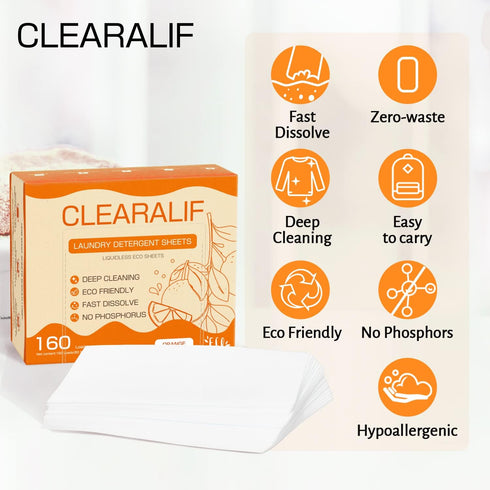 CLEARALIF Laundry Detergent Sheets, Up to 160 Loads, Eco-Friendly & Hypoallergenic, Orange - Great For Travel