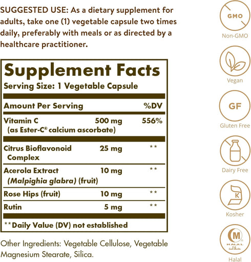 Solgar Ester-C Plus 500 mg Vitamin C (Ascorbate Complex), 100 Vegetable Capsules - Gentle & Non Acidic - Antioxidant & Immune Support - Non GMO, Vegan, Gluten Free, Kosher - 100 Servings