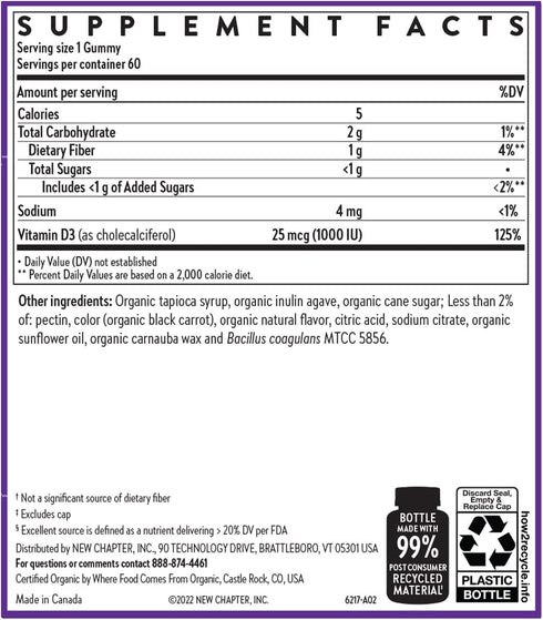 New Chapter Organic Vitamin D3+ Gummies, 1,000 IU, 60ct, Mixed Berry Flavor, Non-GMO, Gluten Free, ONE Daily Gummy for
