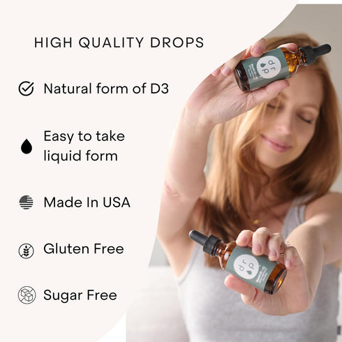 Vitamin D3 + K2 Drops - 1000 IU Plant Based D3 and 45 mcg K2 Liquid Supplement for Bone Strength