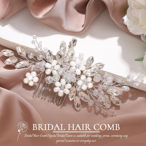 JAKAWIN Bride Wedding Hair Comb - Pearl Flower Hair Piece Rhinestone Bridal Accessories for Women