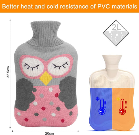 Hot Water Bag Hot Water Bottle 2 Liter, Heat Up and Refreezable Hot Cold Pack with Knit Cover for Pain Relief, Hot Cold