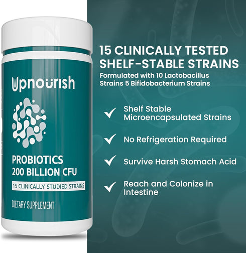 UpNourish Probiotics, 60 Vegan Capsules - 200 Billion CFUs, 15 Strains, Prebiotics & Enzymes