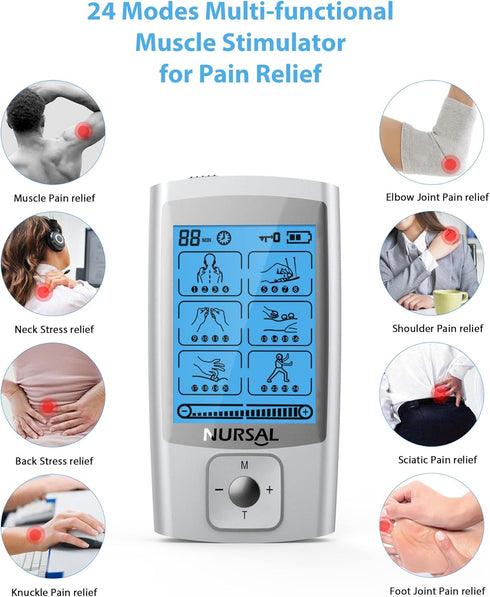 NURSAL 24 Modes TENS Unit Muscle Stimulator with 8 Pads for Back and Shoulder Pain Relief