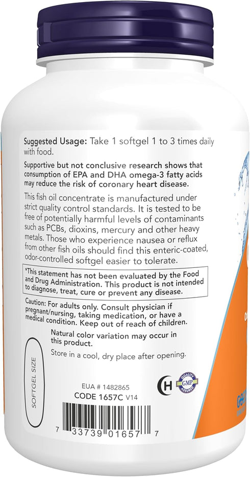 NOW Supplements Omega-3 180 EPA / 120 DHA, 180 Softgels for Cardiovascular Support*
