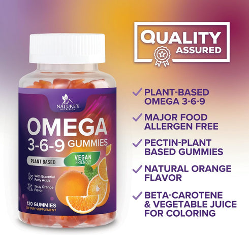 Omega 3 6 9 Vegan Gummies - Triple Strength Supplement for Heart and Brain Support, Non-GMO, Orange Flavor - 120 Gummies