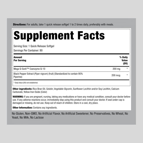 Piping Rock CoQ10 200mg Softgels | 90 Count | Enhanced Absorption | with Black Pepper Extract | Non-GMO, Gluten Free Supplement