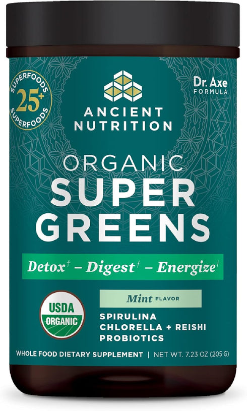 Ancient Nutrition SuperGreens Powder with Probiotics - Organic Peppermint Flavor for Digestive Support