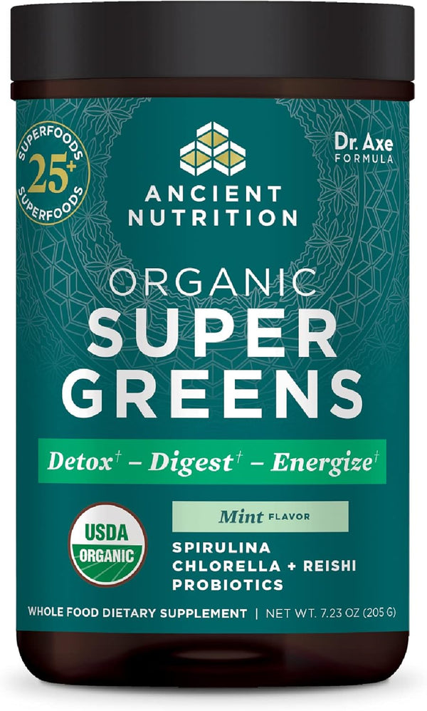 Ancient Nutrition SuperGreens Powder with Probiotics - Organic Peppermint Flavor for Digestive Support