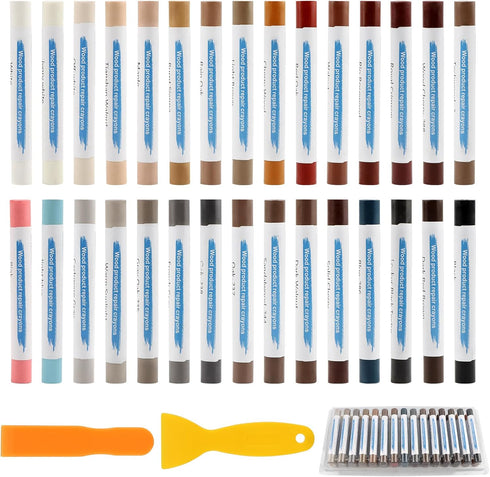 Ovrilossa 30 2 Wood Filler Sticks, Colors Wood Repair Wax Crayons with Scrapers, Touch Up Wax Sticks Repair Kit