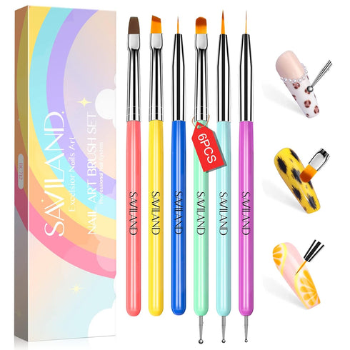 SAVILAND 6PCS Nail Art Brushes Set, Multifunctional Brushes for Nail Design, Gel Nail Brush, and Dotting Tools