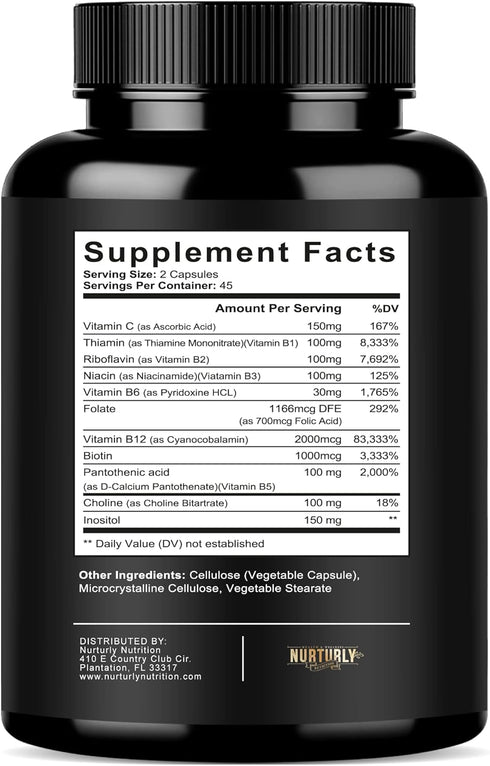 Vitamin B Complex with Vitamin C, 90 Capsules, All Essential B Vitamins for Energy, Immunity & Mood Support