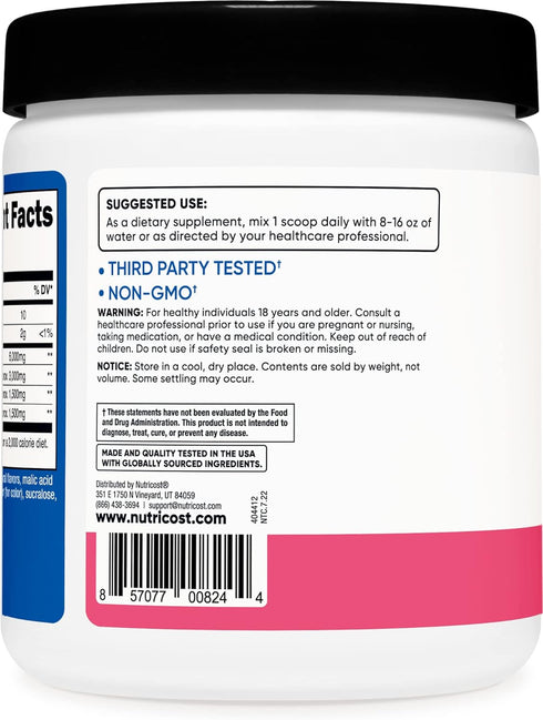 Nutricost BCAA Powder, 2:1:1 Ratio, Raspberry Lemonade Flavor, 30 Servings