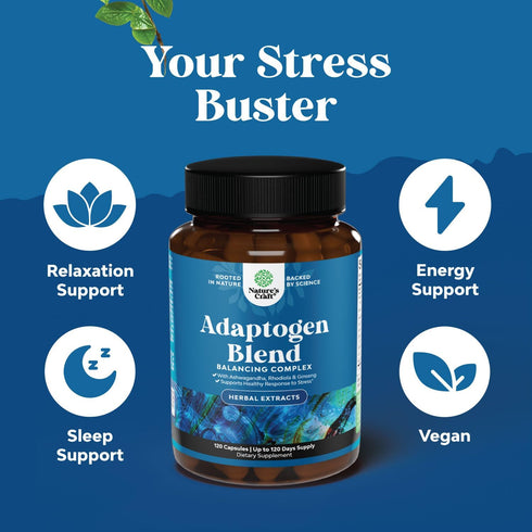 Herbal Adaptogen Mood Support Supplement - Stress & Cortisol Management with Ashwagandha & Rhodiola, 120ct