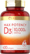 Carlyle Vitamin D 10000 IU, 400 Softgels, Value Size, Max Potency, Non-GMO & Gluten Free Supplement