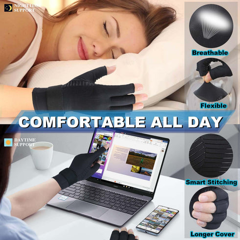 2 Pairs Copper Arthritis Gloves for Carpal Tunnel Pain Relief, Fingerless Compression Gloves for Rheumatoid Women/Men