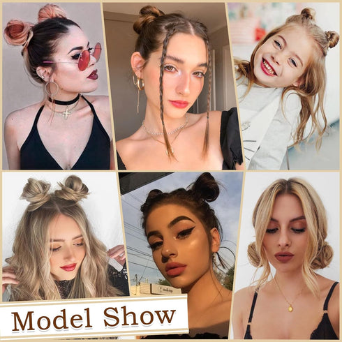 SOFEIYAN 2PCS Mini Claw Clip Hair Bun Extension, Synthetic Wig Accessory Updo Space Bun Hair Messy Cat Ears for Women,