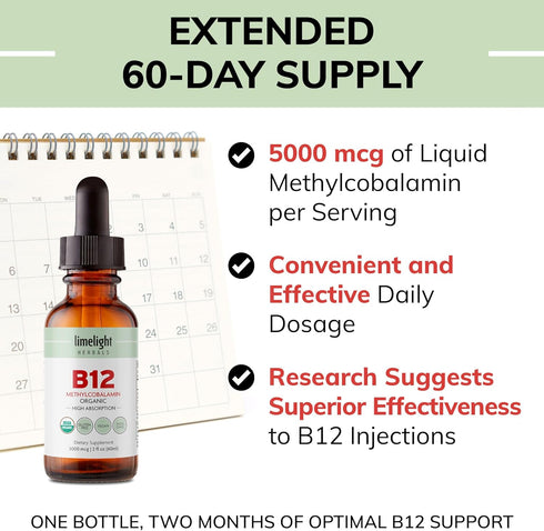 Organic Vitamin B12 Sublingual Drops - 2 Fl. Oz. Extra Strength 5000 mcg Methylcobalamin, Vegan Liquid B12