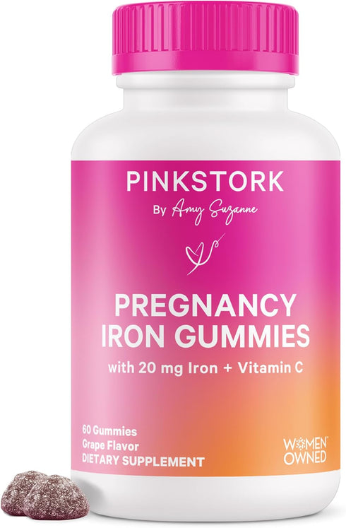 Pink Stork Prenatal Iron Supplement Gummies for Women, 20 mg with Vitamin C, Grape Chewable for Deficiency, Energy,