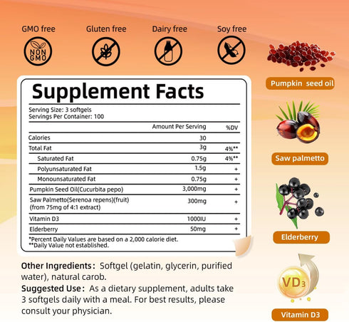 Skiseoy 300 4 1 D3 3000mg Immune Pumpkin Seed Oil with Saw Palmetto, Softgels | in Vitamin & Elderberry, Cold Pressed