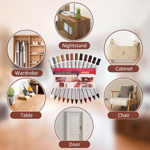 NEW Upgraded Furniture Repair Kit - Wood Markers Set of 24 with Wax Sticks, Sharpener, Black Cloth for Scratches