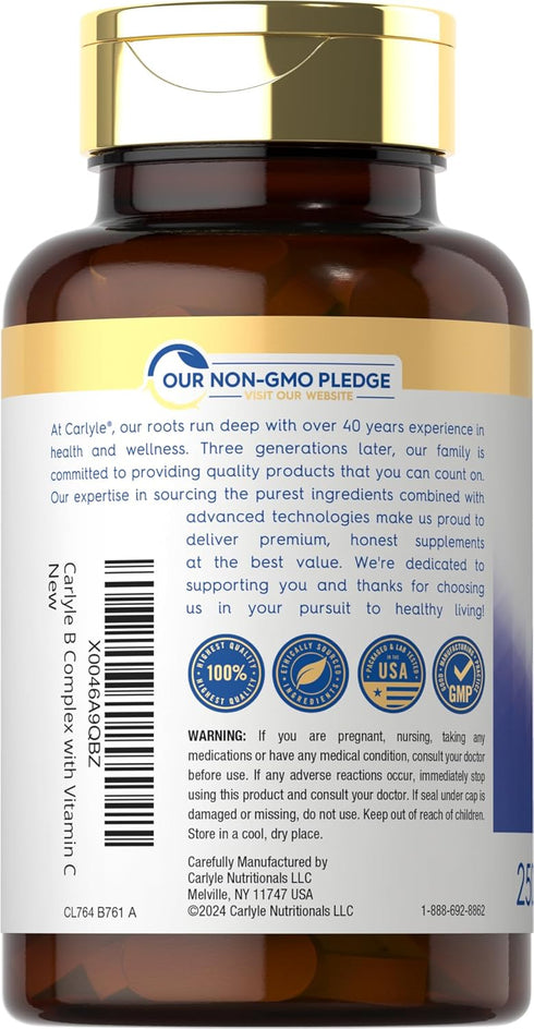 Carlyle Vitamin B Complex Plus Vitamin C, 250 Caplets - Vegetarian, Non-GMO and Gluten Free Supplement