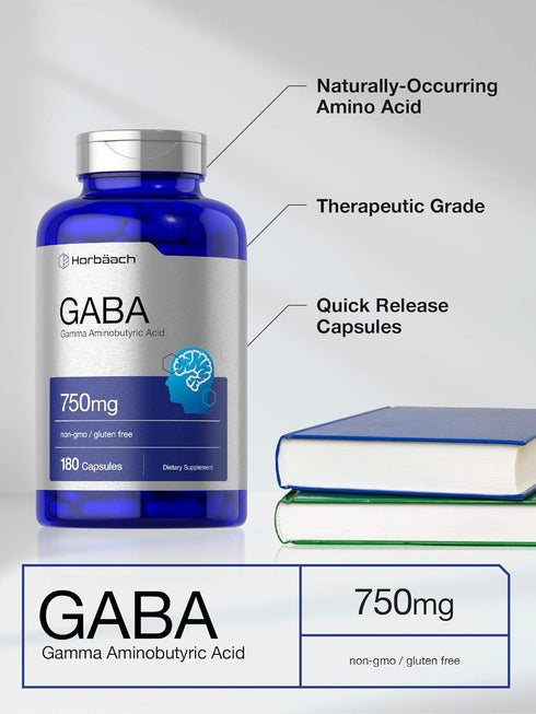 Horbaach GABA 750mg, 180 Capsules, Non-GMO, Gluten Free, Gamma Aminobutyric Acid Supplement
