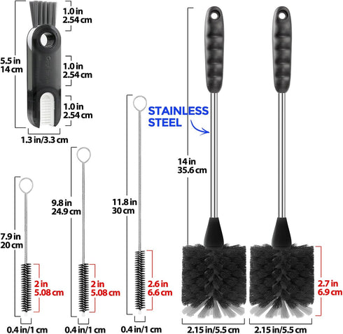 Holikme 6 Pack Bottle Brush Set, 14" Long Handle Stainless Steel Cleaner Brush for Water Bottle, Baby Bottle