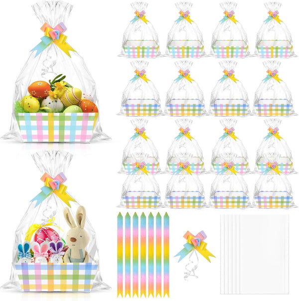 Zoketriton 24 Set Easter Buffalo Plaid Baskets for Gifts Empty with Cellophane Basket