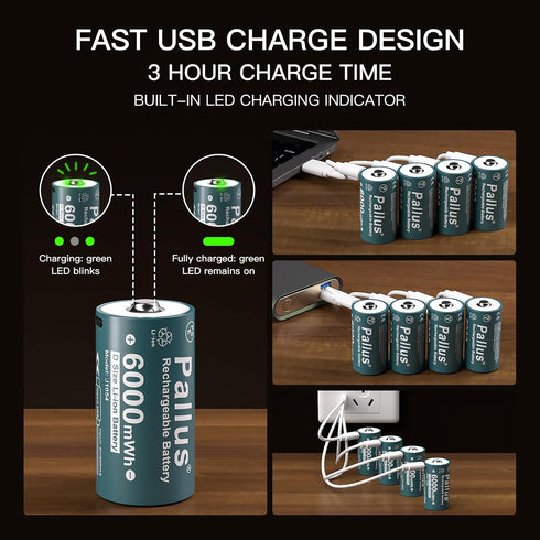 Pallus 4 1 4 Pack 1.5V LR20 6000mWh 1600x Rechargeable Lithium D Batteries with in USB-C Charge Cable, D Size Li-ion