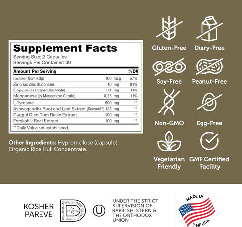 Zahler Thyraid - Thyroid Support Complex with Iodine, Zinc, L-Tyrosine, Ashwagandha, Forskholii - 60 Capsules