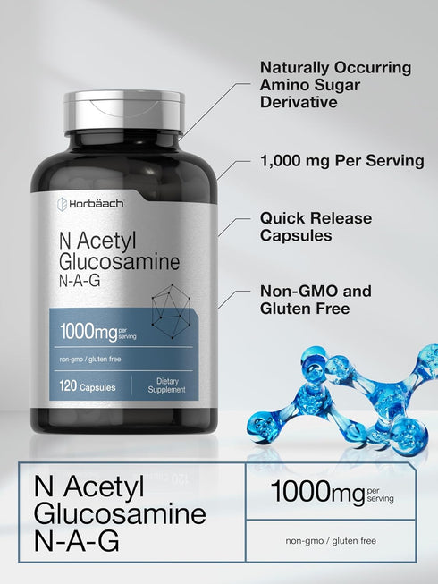 N-Acetyl Glucosamine 1000 mg, 120 Capsules, N-A-G Supplement Pills, Non-GMO & Gluten-Free by Horbaach